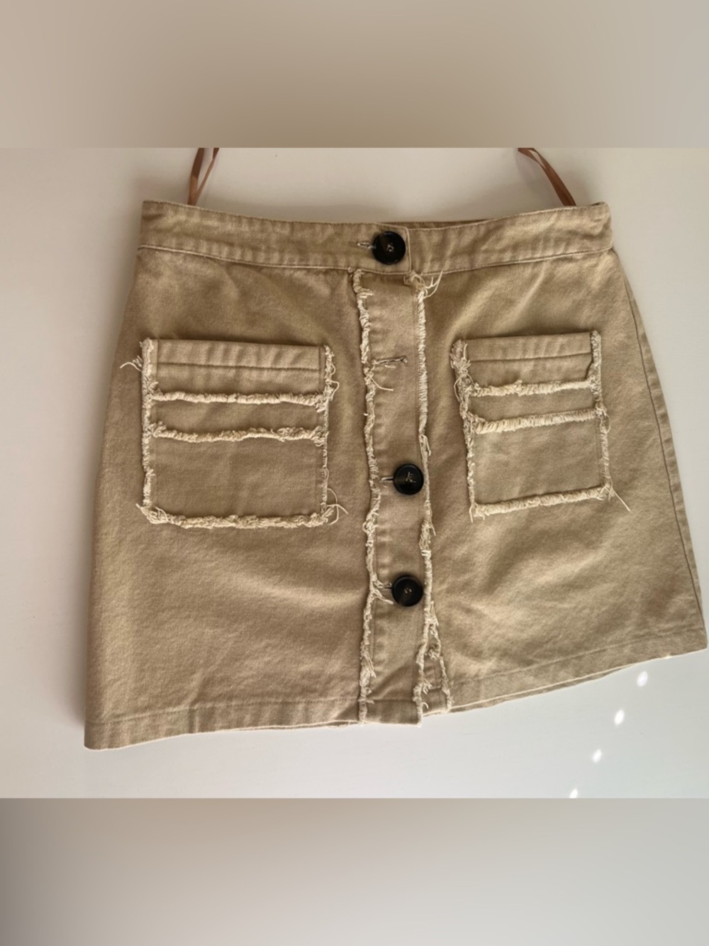 Wild Honey Frayed-Trim Button-Front Mini Skirt — Tan